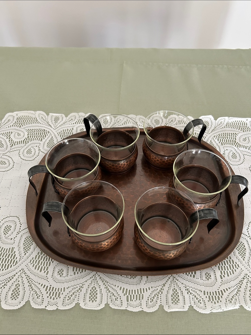 MCM Hammered Copper Glass Tea Cup Set - 6pc Swiss made Stockli Netstal Rare - Picture 3 of 8